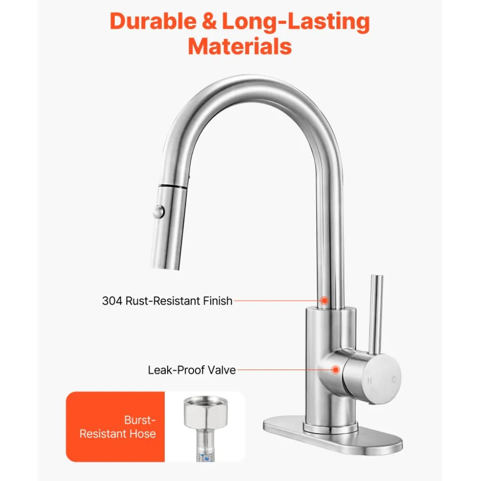 VEVOR Single Handle Sink Faucet, Brushed Nickel Kitchen Faucet with Pull Down Sprayer, Suitable for Bathroom, RV, Bar Sink, Public Restroom, Stream & Spray Dual Water Flow Modes, Leak-Proof Valve