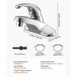 VEVOR Single Handle Sink Faucet, Chrome-Plated Silver Single Handle Bathroom Faucet, Kitchen Water Faucets with Overflow 1 or 3 Hole, Suitable for Bathroom, RV, Bar Sink, Public Restroom, Press-Type