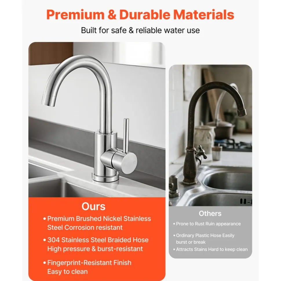 VEVOR Single Handle Sink Faucet, Kitchen Faucet Brushed Nickel Single Handle, Kitchen Water Faucets with Anti-Splash Aerator, Suitable for Bathroom, RV, Bar Sink, Public Restroom, High Arc Spout