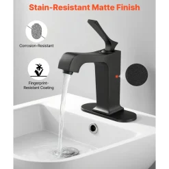 VEVOR Single Handle Sink Faucet, Matte Black Finish Faucet Kitchen Sink, Kitchen Water Faucets with Push-Button Drain, Suitable for Bathroom, RV, Bar Sink, Public Restroom, Waterfall-Style Spout