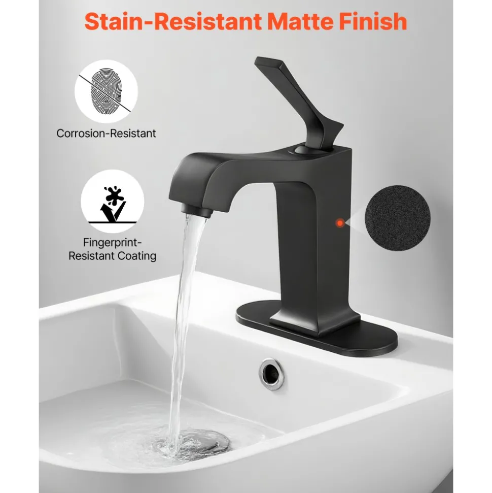VEVOR Single Handle Sink Faucet, Matte Black Finish Faucet Kitchen Sink, Kitchen Water Faucets with Push-Button Drain, Suitable for Bathroom, RV, Bar Sink, Public Restroom, Waterfall-Style Spout