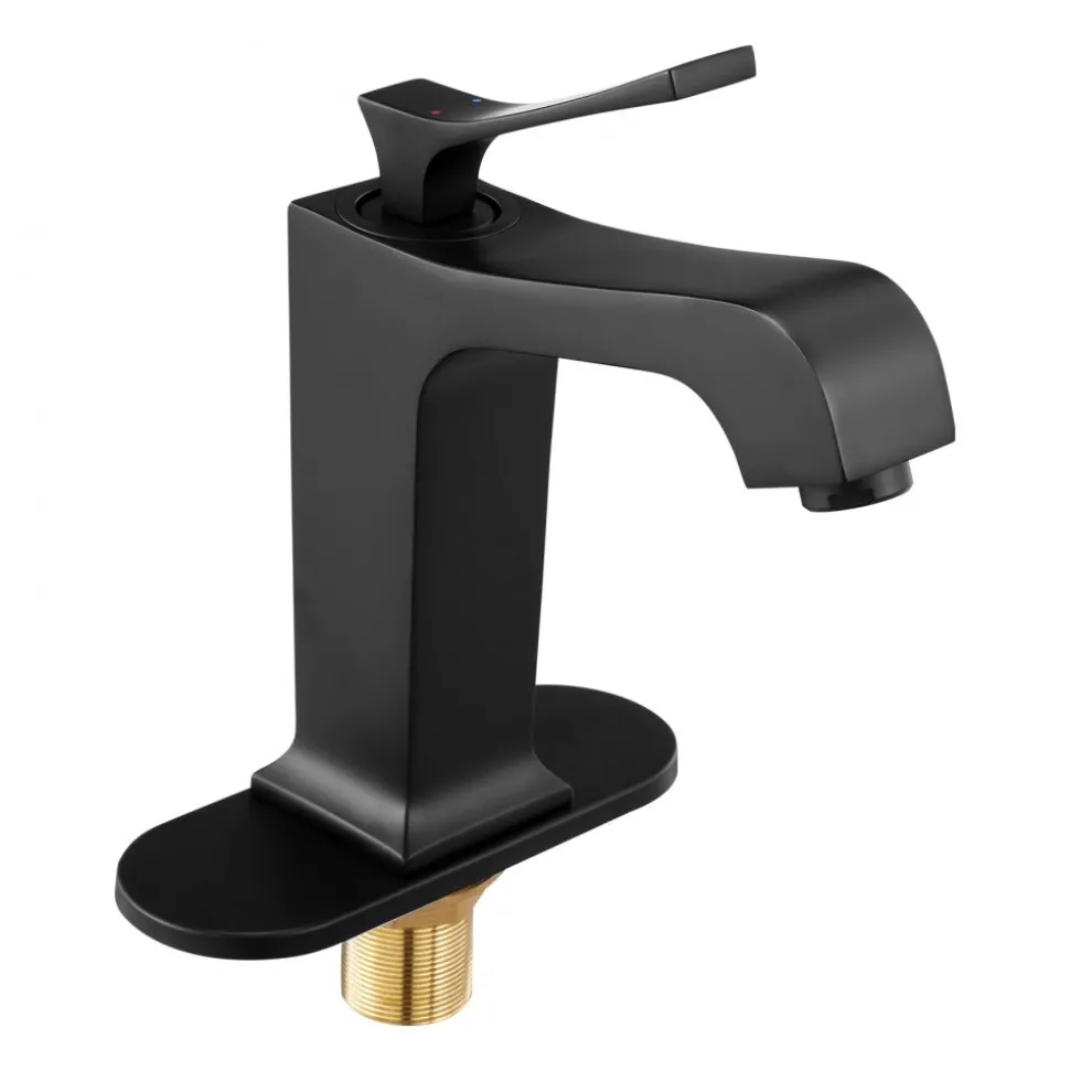 VEVOR Single Handle Sink Faucet, Matte Black Finish Faucet Kitchen Sink, Kitchen Water Faucets with Push-Button Drain, Suitable for Bathroom, RV, Bar Sink, Public Restroom, Waterfall-Style Spout