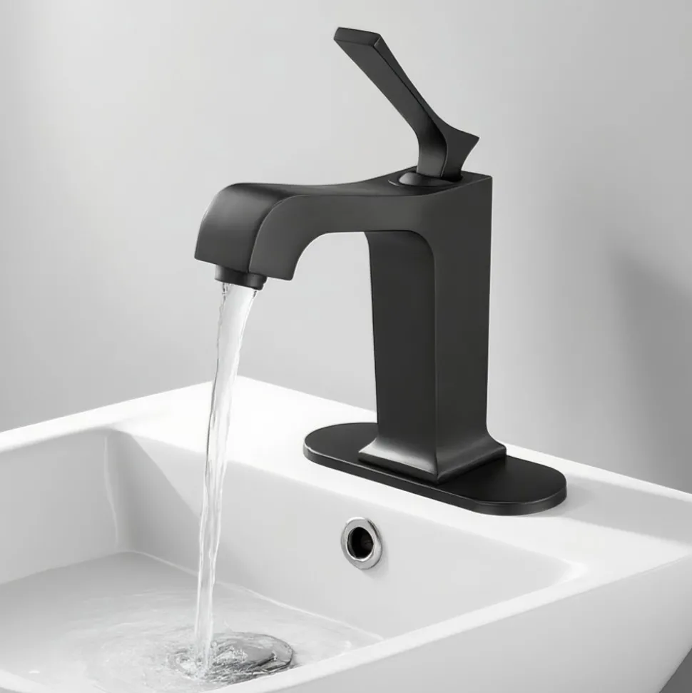 VEVOR Single Handle Sink Faucet, Matte Black Finish Faucet Kitchen Sink, Kitchen Water Faucets with Push-Button Drain, Suitable for Bathroom, RV, Bar Sink, Public Restroom, Waterfall-Style Spout