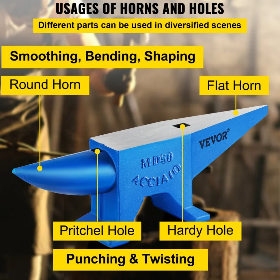 VEVOR Single Horn Anvil Cast Steel Anvil Blacksmith for Sale Forge Steel Tools with Round and Square Hole and Equipment Anvil Rugged Blacksmith Jewelers Durable and Robust Metal Working Tool 105Lbs