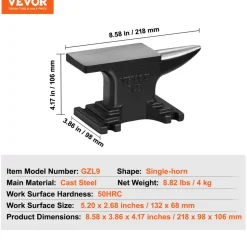 VEVOR Single Horn Anvil, High Hardness Rugged Round Horn Anvil Blacksmith,8.8Lbs Cast Steel Anvil,Compact Design and Stable Base, Forge Tools and Equipment, Metalsmith Tool for Bending and Shaping