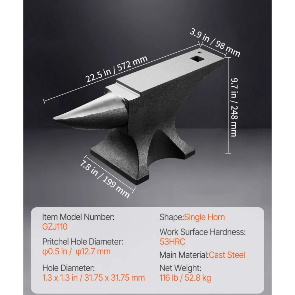VEVOR Single Horn Anvil, 110lbs Cast Steel Anvil, High Hardness Rugged Round Horn Anvil for Blacksmiths, with Large Countertop and Stable Base, Metal Working Tool for Metal Bending, Shaping, Twisting