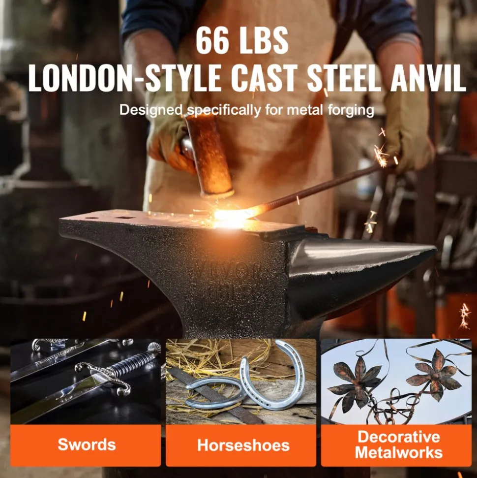 VEVOR Single Horn Anvil, 66Lbs Cast Steel Anvil, High Hardness Rugged Round Horn Anvil Blacksmith, with Round and Square Hole, Large Countertop and Stable Base, Metalsmith Tool for Bending and Shaping