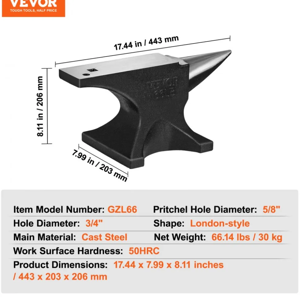 VEVOR Single Horn Anvil, 66Lbs Cast Steel Anvil, High Hardness Rugged Round Horn Anvil Blacksmith, with Round and Square Hole, Large Countertop and Stable Base, Metalsmith Tool for Bending and Shaping