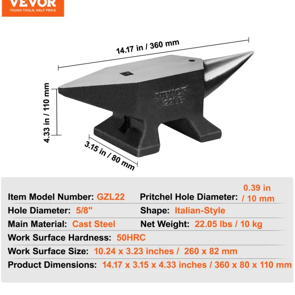 VEVOR Single Horn Anvil, 22Lbs Cast Steel Anvil, High Hardness Rugged Round Horn Anvil Blacksmith, Large Countertop and Stable Base, with Round and Square Hole, Metalsmith Tool for Bending and Shaping