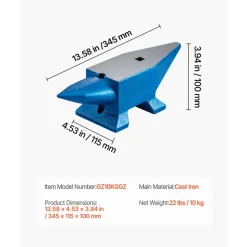 VEVOR Single Horn Anvil 22Lbs Steel Anvil Blacksmith for Sale Forge Steel Tools with Round and Square Hole and Equipment Anvil Rugged Blacksmith Jewelers Durable and Robust Metalsmith Tool
