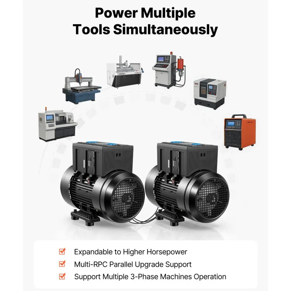 VEVOR Single Phase to 3-Phase Rotary Converter, 10HP 28A 208-240V Input/Output Rotary Phase Converter - Expandable to Higher Horsepower for Heavy-Load Equipment