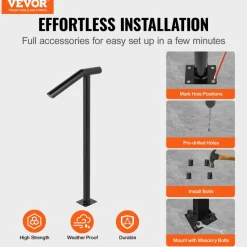 VEVOR Single Post 1-2, Black Steel Railing 441LBS Capacity Baking Varnish Iron Stairs Stylish Handrails for Outdoor Steps with Expansion Bolts & Drill Bit