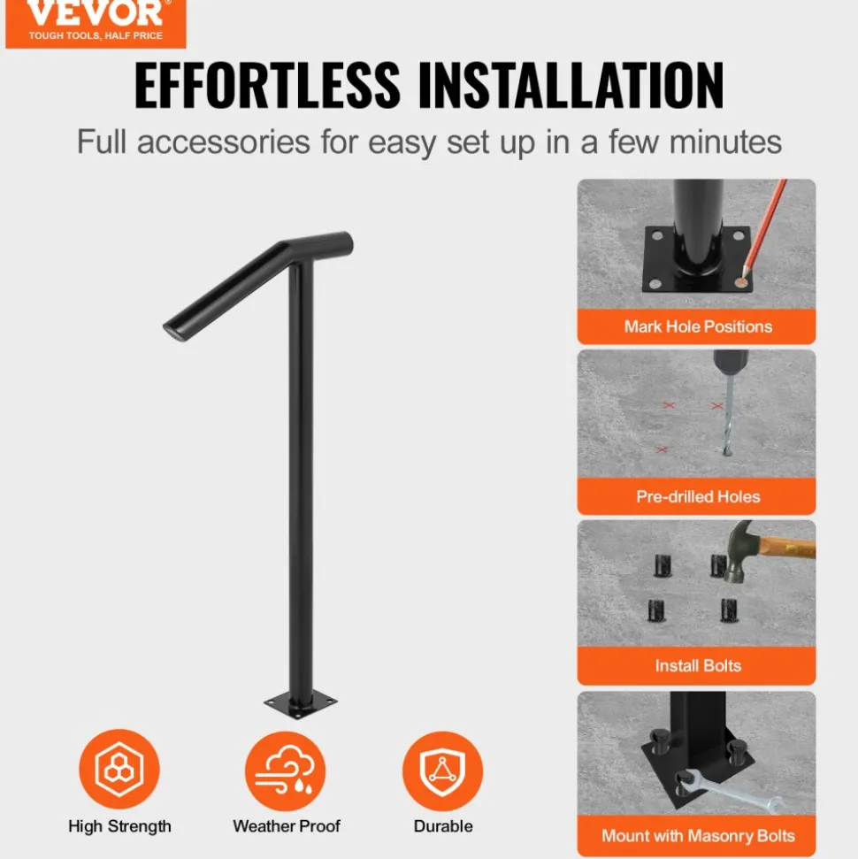 VEVOR Single Post 1-2, Black Steel Railing 441LBS Capacity Baking Varnish Iron Stairs Stylish Handrails for Outdoor Steps with Expansion Bolts & Drill Bit