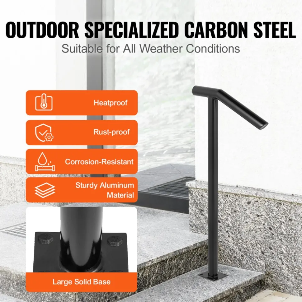 VEVOR Single Post 1-2, Black Steel Railing 441LBS Capacity Baking Varnish Iron Stairs Stylish Handrails for Outdoor Steps with Expansion Bolts & Drill Bit