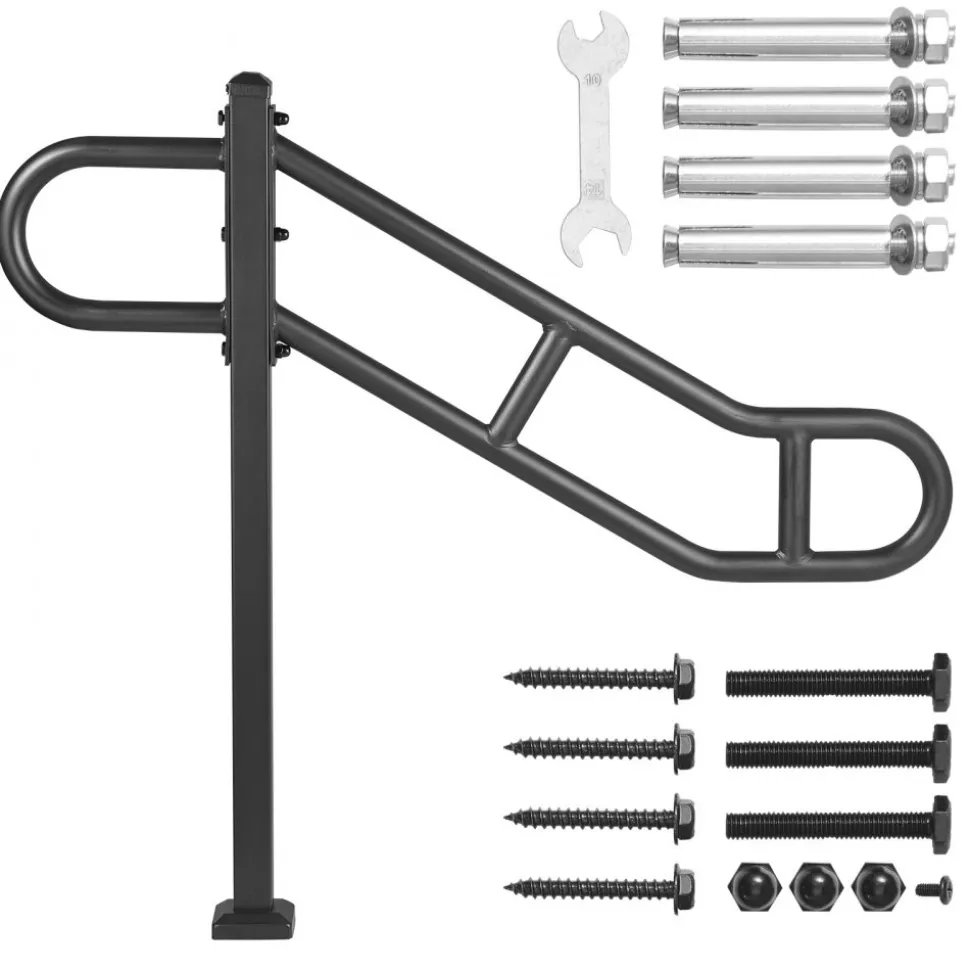 VEVOR Single Post Handrail for Outdoor 1-3 Steps, 40.5" L x 35.4" H Metal Bent Stair Handrails, Floor Mounted Carbon Steel Stair Railing, U-Shaped Post Grab Rails with 2 Anti-Skid Crossbar for Garage