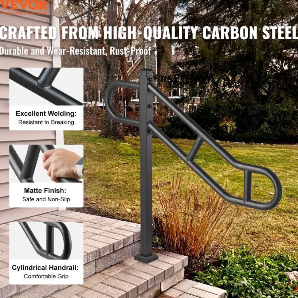 VEVOR Single Post Handrail for Outdoor 1-3 Steps, 40.5" L x 35.4" H Metal Bent Stair Handrails, Floor Mounted Carbon Steel Stair Railing, U-Shaped Post Grab Rails with 2 Anti-Skid Crossbar for Garage