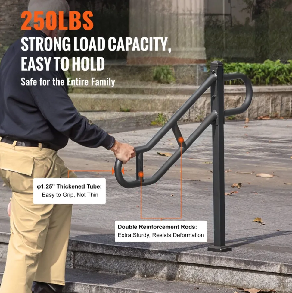 VEVOR Single Post Handrail for Outdoor 1-3 Steps, 40.5" L x 35.4" H Metal Bent Stair Handrails, Floor Mounted Carbon Steel Stair Railing, U-Shaped Post Grab Rails with 2 Anti-Skid Crossbar for Garage
