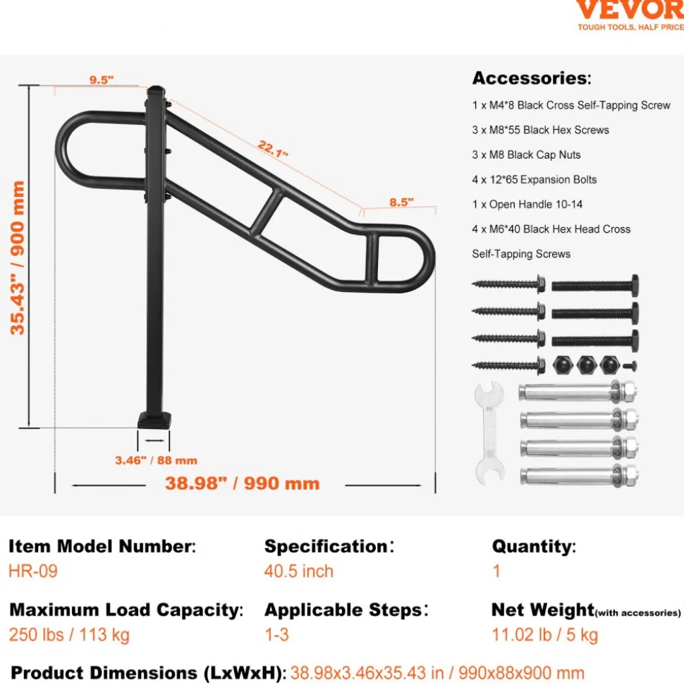 VEVOR Single Post Handrail for Outdoor 1-3 Steps, 40.5" L x 35.4" H Metal Bent Stair Handrails, Floor Mounted Carbon Steel Stair Railing, U-Shaped Post Grab Rails with 2 Anti-Skid Crossbar for Garage