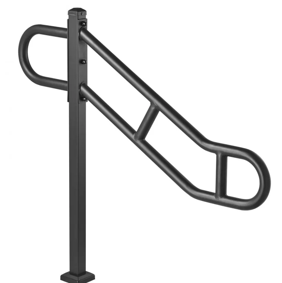 VEVOR Single Post Handrail for Outdoor 1-3 Steps, 40.5" L x 35.4" H Metal Bent Stair Handrails, Floor Mounted Carbon Steel Stair Railing, U-Shaped Post Grab Rails with 2 Anti-Skid Crossbar for Garage