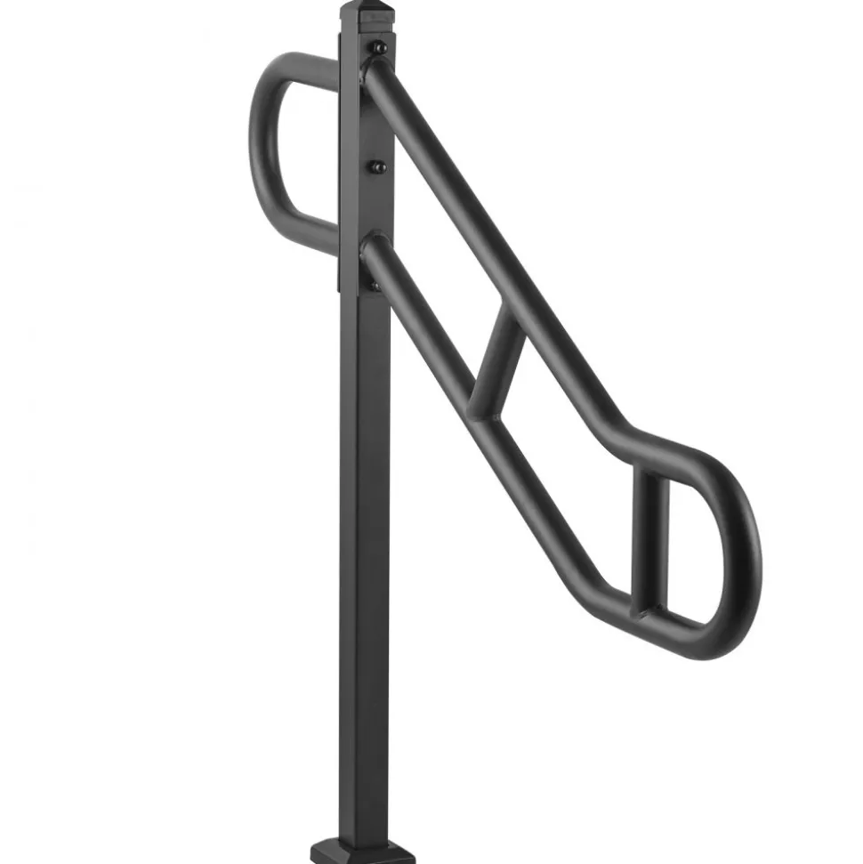 VEVOR Single Post Handrail for Outdoor 1-3 Steps, 40.5" L x 35.4" H Metal Bent Stair Handrails, Floor Mounted Carbon Steel Stair Railing, U-Shaped Post Grab Rails with 2 Anti-Skid Crossbar for Garage