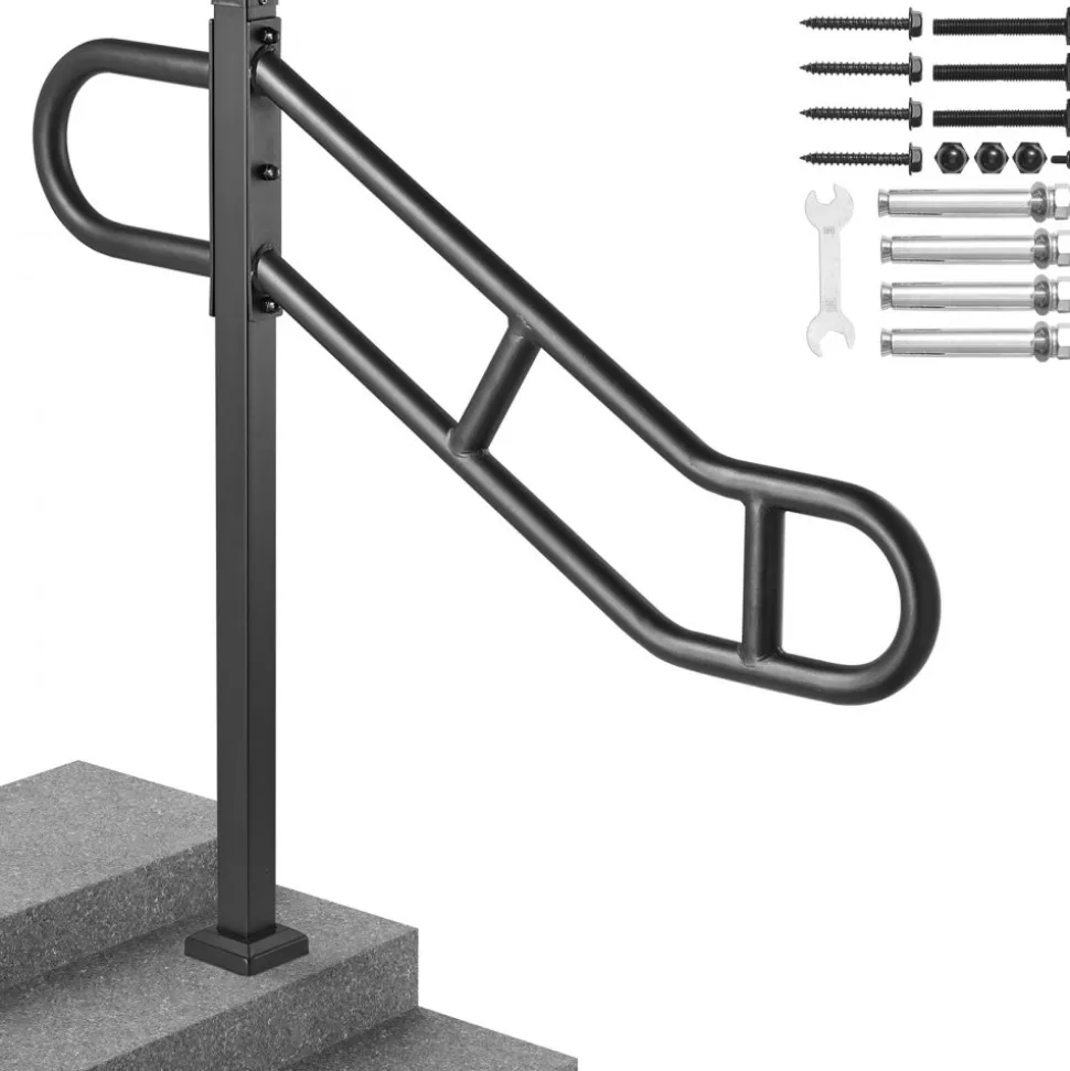 VEVOR Single Post Handrail for Outdoor 1-3 Steps, 40.5" L x 35.4" H Metal Bent Stair Handrails, Floor Mounted Carbon Steel Stair Railing, U-Shaped Post Grab Rails with 2 Anti-Skid Crossbar for Garage