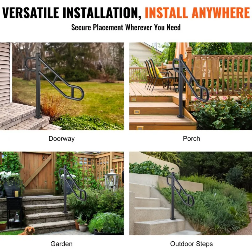 VEVOR Single Post Handrail for Outdoor 1-3 Steps, 40.5" L x 35.4" H Metal Bent Stair Handrails, Floor Mounted Carbon Steel Stair Railing, U-Shaped Post Grab Rails with 2 Anti-Skid Crossbar for Garage