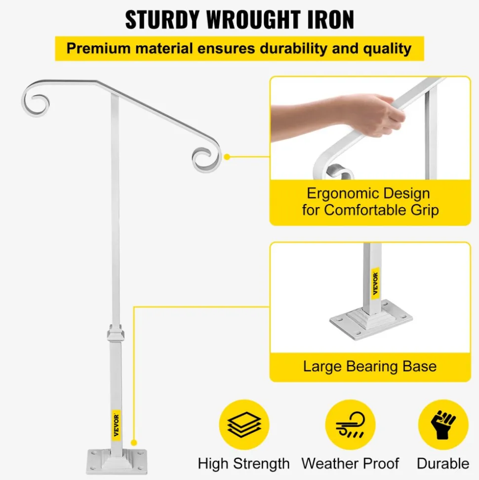 VEVOR Single Post Handrail White Wrought Iron Post Mount Step Grab Supports Fits 1 or 2 Steps Grab Rail Single Post Railing