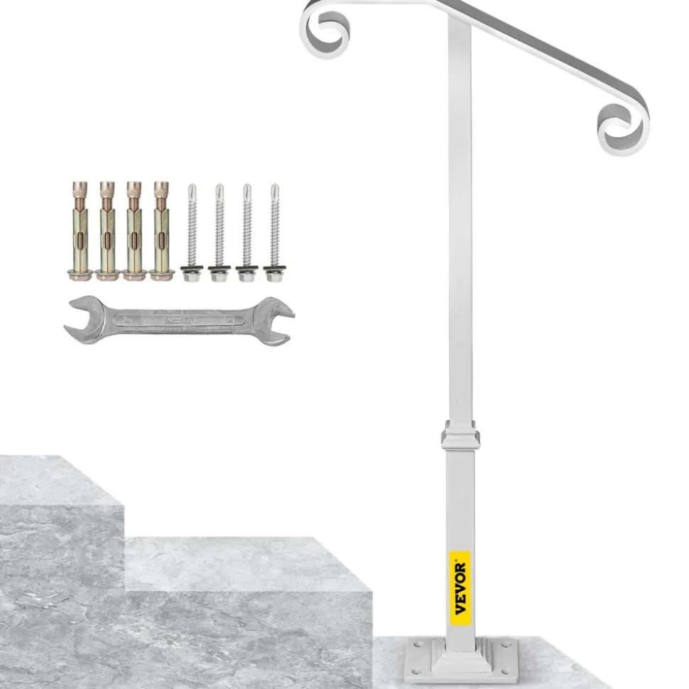 VEVOR Single Post Handrail White Wrought Iron Post Mount Step Grab Supports Fits 1 or 2 Steps Grab Rail Single Post Railing