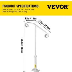 VEVOR Single Post Handrail White Wrought Iron Post Mount Step Grab Supports Fits 1 or 2 Steps Grab Rail Single Post Railing