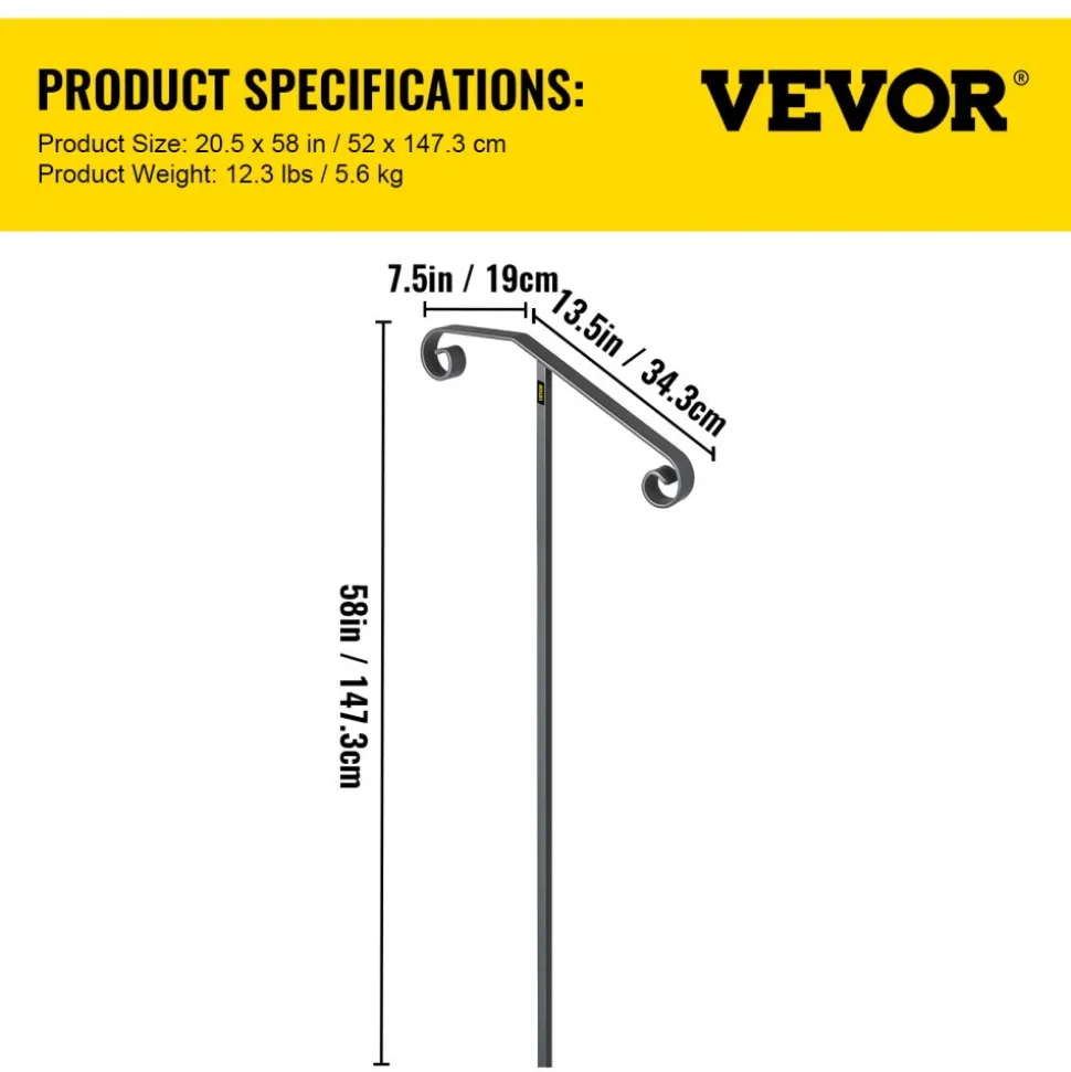 VEVOR Single Post Handrail Wrought Iron Post Mount Step Grab Supports in Ground Long Post Fits 1 or 2 Steps Grab Rail Single Post Railing (Gray)