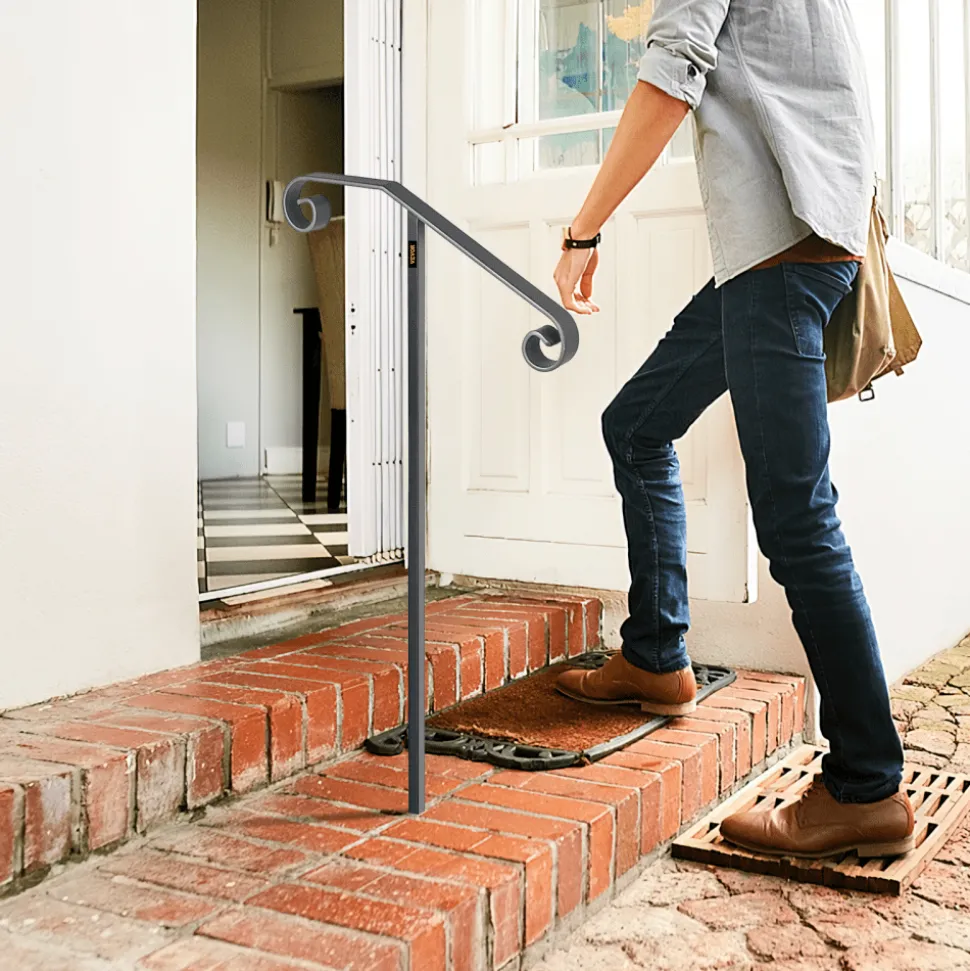 VEVOR Single Post Handrail Wrought Iron Post Mount Step Grab Supports in Ground Long Post Fits 1 or 2 Steps Grab Rail Single Post Railing (Gray)