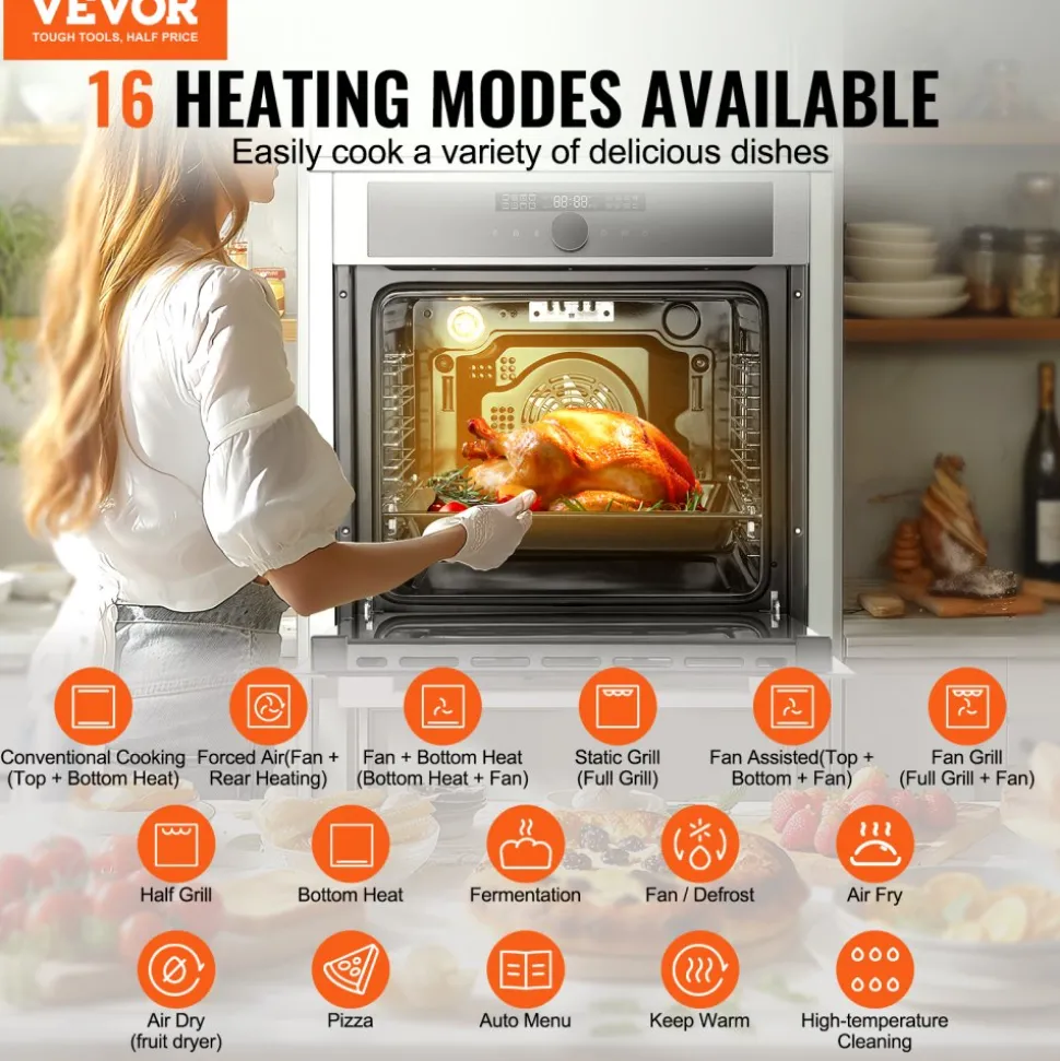 VEVOR Single Wall Oven, 24" Electric Built-in Wall Oven with 16 Cooking Functions, 2.68 Cu.Ft Electric Wall Ovens with Timer, 3150W Electric Oven with Baking Rack and Tray, for Kitchen