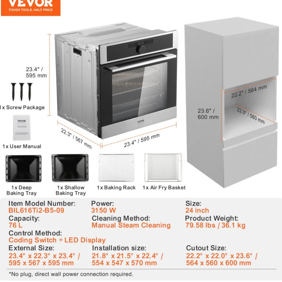 VEVOR Single Wall Oven, 24" Electric Built-in Wall Oven with 16 Cooking Functions, 2.68 Cu.Ft Electric Wall Ovens with Timer, 3150W Electric Oven with Baking Rack and Tray, for Kitchen