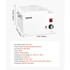 VEVOR Single Wax Warmer, 3000ML 300W Professional Wax Warmer for Hair Removal, 32 ℉- 248 ℉ Adjustable & Non-Stick Waxing Heater Pot with 100PCS Waxing Sticks for Home Use, Beauty Salon, Spa