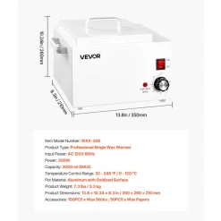 VEVOR Single Wax Warmer, 3000ML 300W Professional Wax Warmer for Hair Removal, 32 ℉ to 248 ℉ Adjustable Electric Waxing Heater Pot with 100PCS Sticks & 50PCS Papers for Home Use, Beauty Salon, Spa