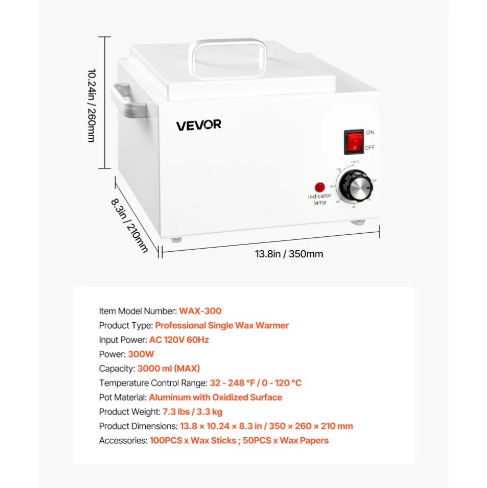 VEVOR Single Wax Warmer, 3000ML 300W Professional Wax Warmer for Hair Removal, 32 ℉ to 248 ℉ Adjustable Electric Waxing Heater Pot with 100PCS Sticks & 50PCS Papers for Home Use, Beauty Salon, Spa