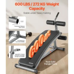 VEVOR Sit Up Bench, Curved Decline Ab Bench with Reverse Crunch Handle, with 6 Adjustable Height Setting, Heavy Duty Steel, 600 Lbs Capacity for Home Gym Workouts, Strength Training, Full Body Muscles