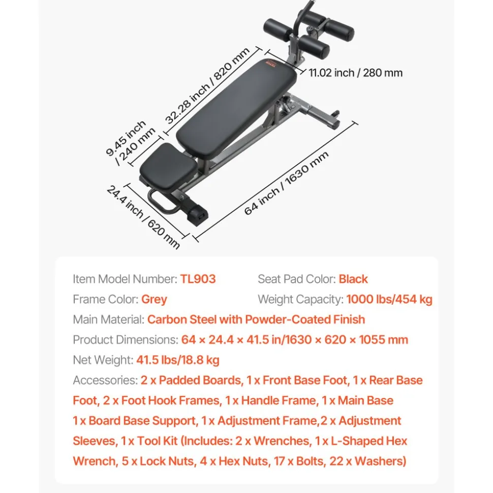 VEVOR Sit Up Bench, Decline Ab Bench with Reverse Crunch Handle, with 4 Adjustable Height Settings, Heavy Duty Steel, 1000 Lbs Capacity, for Home Gym Workouts, Strength Training, Full Body Muscles
