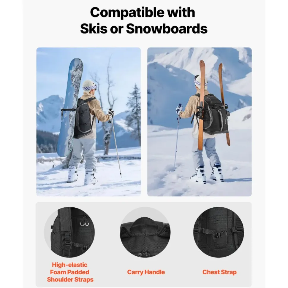 VEVOR Ski Boot Bag, 65L, Snowboard Boots Travel Backpack for Men Women, with Waterproof Exterior & Bottom, Durable 1680D Oxford, Bag for Skis, Snowboard, Helmet, Goggles, Gloves, Accessories (Black).