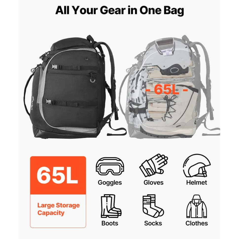 VEVOR Ski Boot Bag, 65L, Snowboard Boots Travel Backpack for Men Women, with Waterproof Exterior & Bottom, Durable 1680D Oxford, Bag for Skis, Snowboard, Helmet, Goggles, Gloves, Accessories (Black).