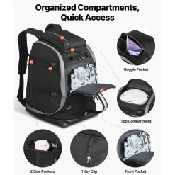 VEVOR Ski Boot Bag, 65L, Snowboard Boots Travel Backpack for Men Women, with Waterproof Exterior & Bottom, Durable 1680D Oxford, Bag for Skis, Snowboard, Helmet, Goggles, Gloves, Accessories (Black).