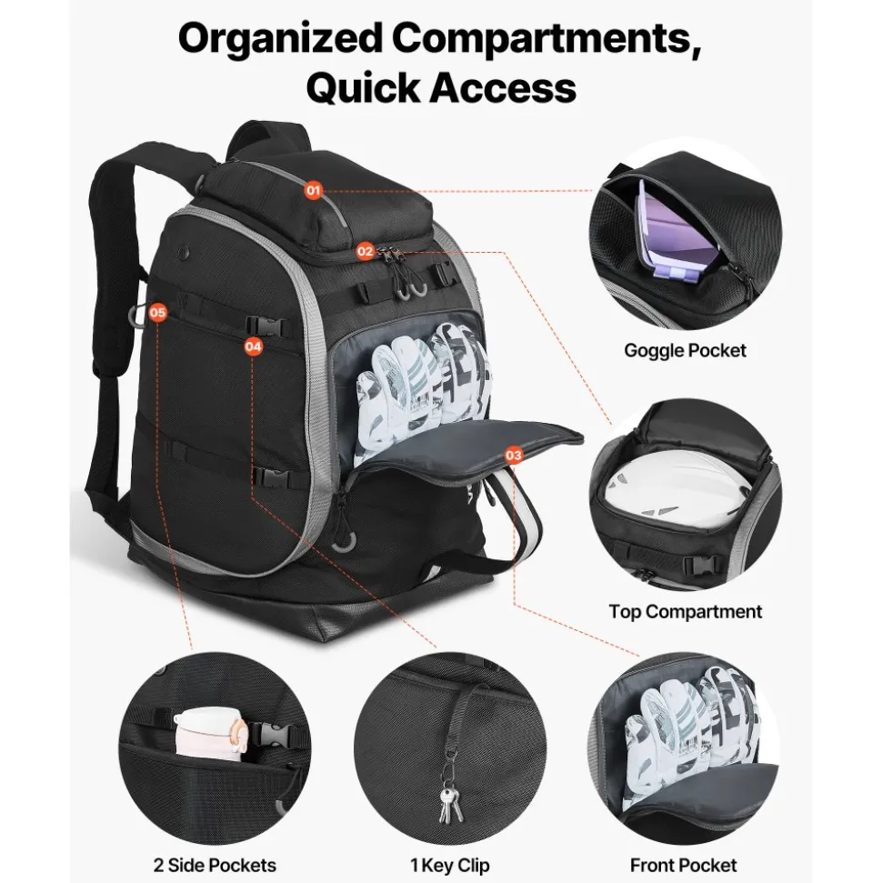 VEVOR Ski Boot Bag, 65L, Snowboard Boots Travel Backpack for Men Women, with Waterproof Exterior & Bottom, Durable 1680D Oxford, Bag for Skis, Snowboard, Helmet, Goggles, Gloves, Accessories (Black).