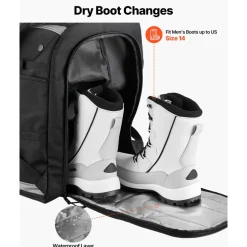VEVOR Ski Boot Bag, 65L, Snowboard Boots Travel Backpack for Men Women, with Waterproof Exterior & Bottom, Durable 1680D Oxford, Bag for Skis, Snowboard, Helmet, Goggles, Gloves, Accessories (Black).
