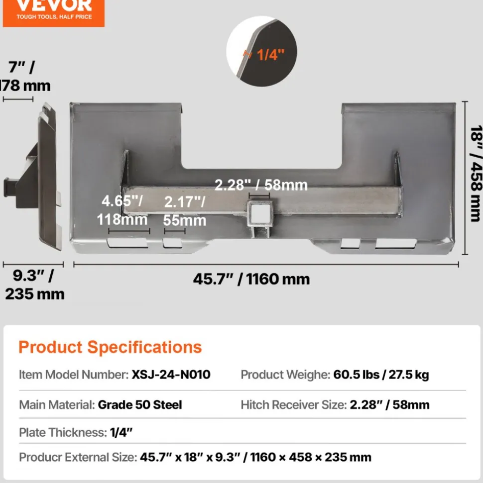 VEVOR Skid Steer Attachment Plate, 1/4" Thick Skid Steer Mount Plate with 2.28" Hitch Receiver, 3000 LBS Quick Attachment Loader Plates, Compatible with Deere, Kubota, Bobcat, Mahindra Steer, Tractor