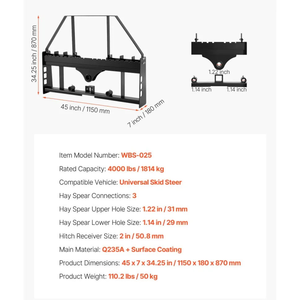 VEVOR Skid Steer Pallet Fork Frame, 4000 lbs Rated Capacity, 45-inch Pallet Fork Frame Attachments with 2-inch Hitch Receiver & Spear Sleeves, Fit for Quick Attach Tractor Loaders, Frame Only