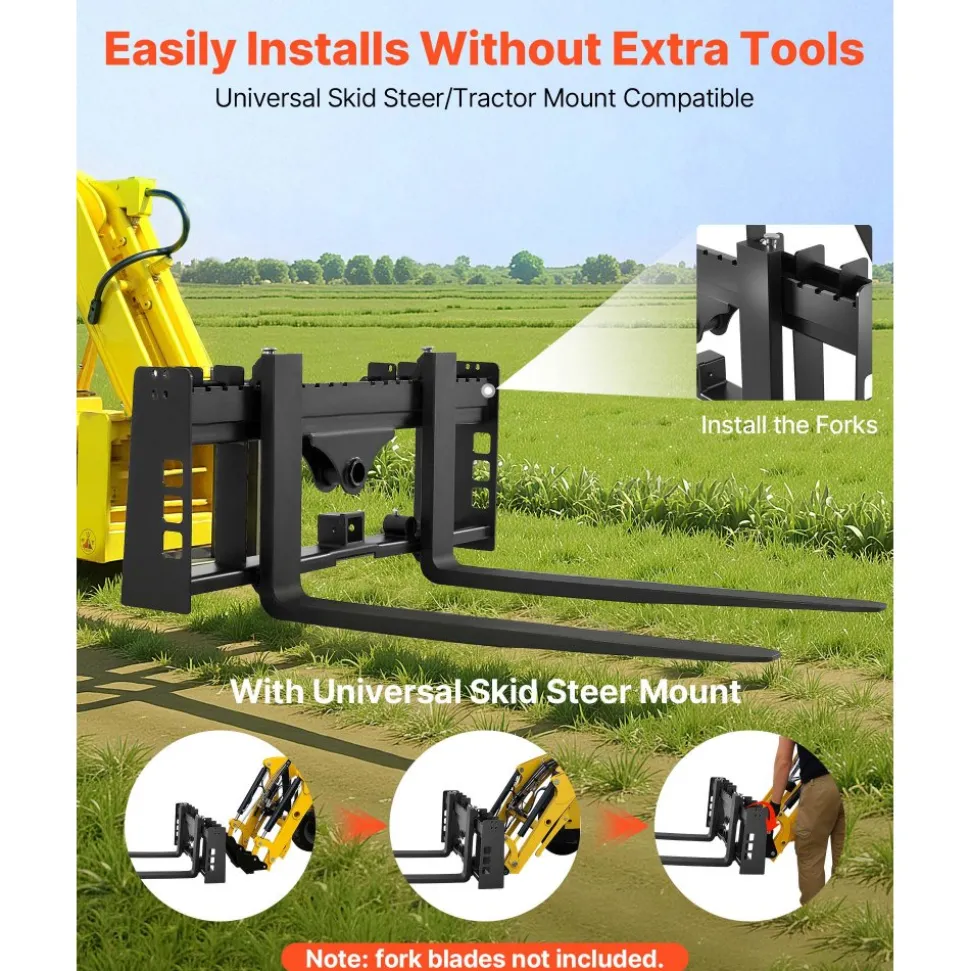 VEVOR Skid Steer Pallet Frame, 4000 lbs Rated Load Capacity, 45-inch Pallet Fork Frame Attachments with 2-inch Hitch Receiver & Spear Sleeves, Fit for Loaders Tractors Quick Attach Mount, Frame Only