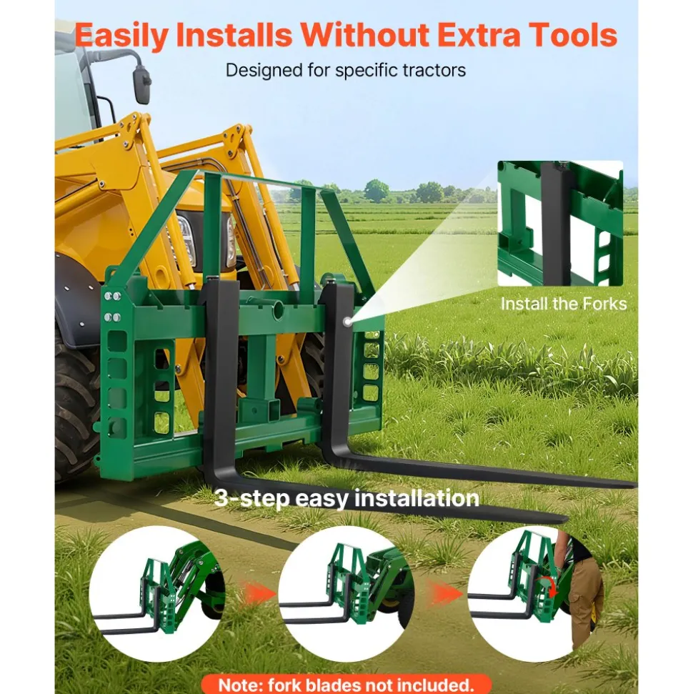 VEVOR Skid Steer Pallet Frame, 4000 lbs Rated Load Capacity, 45-inch Pallet Fork Frame Attachments with 2-inch Hitch Receiver & Spear Sleeves, Fit for John Deere Loaders Quick Attach Mount, Frame Only