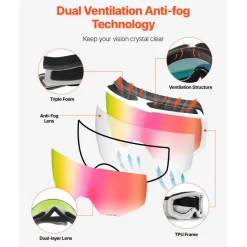 VEVOR Ski Goggles, Cylindrical Lens with Pink Revo Coating, OTG Anti fog Snow Goggles for Men Women Youth, TPU Frame & Ventilation Structure, Suitable for Skiing, Skating, Snowboarding, Cycling