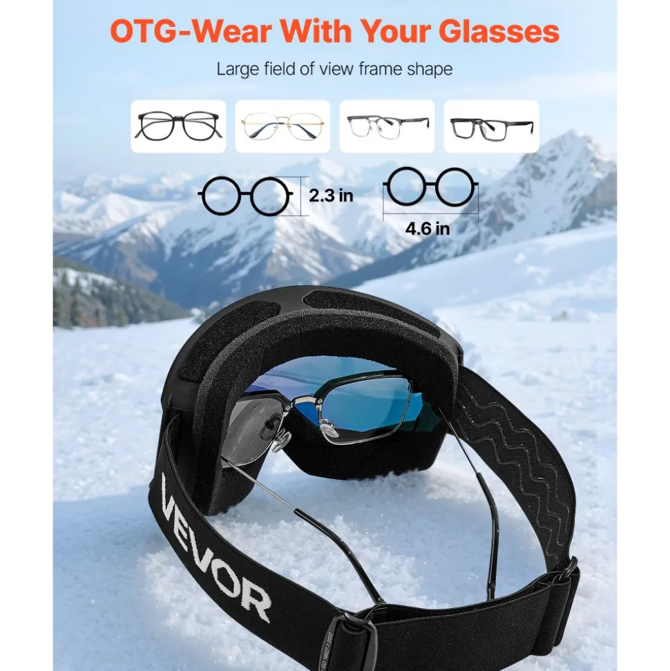 VEVOR Ski Goggles, Cylindrical Lens with Orange Revo Coating, OTG Anti fog Snow Goggles for Men Women Youth, TPU Frame & Ventilation Structure, Suitable for Skiing, Skating, Snowboarding, Cycling