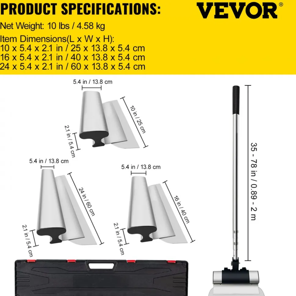 VEVOR Skimming Blade Set,25+40+60 cm Blades + 35"-78" Extension Handle,European Stainless Steel Construction Knife, Aluminum Blade Profile Smoothing Knockdown Spatula for Gyprock/Drywall/Wall-Boa